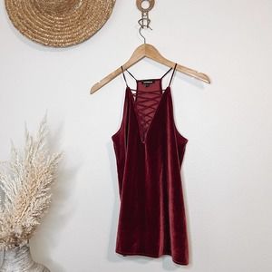Express Velvet Lace Up Halter Tank Blouse Red Velour Size Small